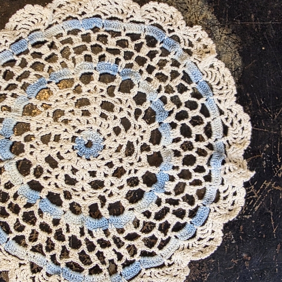 Vintage Blue & White Crocheted Doily | Handmade Cottagecore Lace Table Mat 6" - Picture 6 of 7